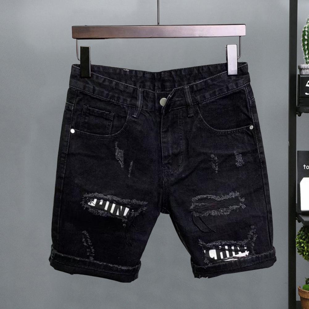 Summer Men Ripped Patchwork Denim Shorts Straight Button Zipper Pockets Shorts Knee-Length Denim Short Pants