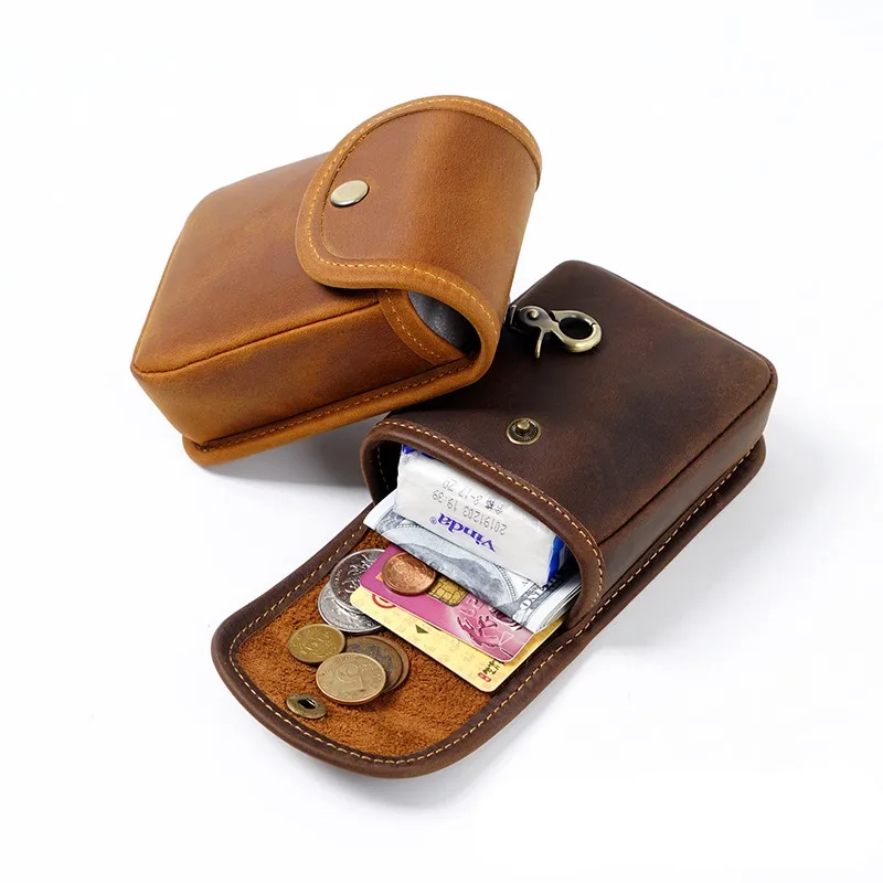 Bolso de cintura pequeño de cuero genuino para hombres y mujeres, Mini billetera Vintage, cubierta de tarjeta, monedero de cambio, organizador de llaves, funda de cigarrillo para ama de llaves
