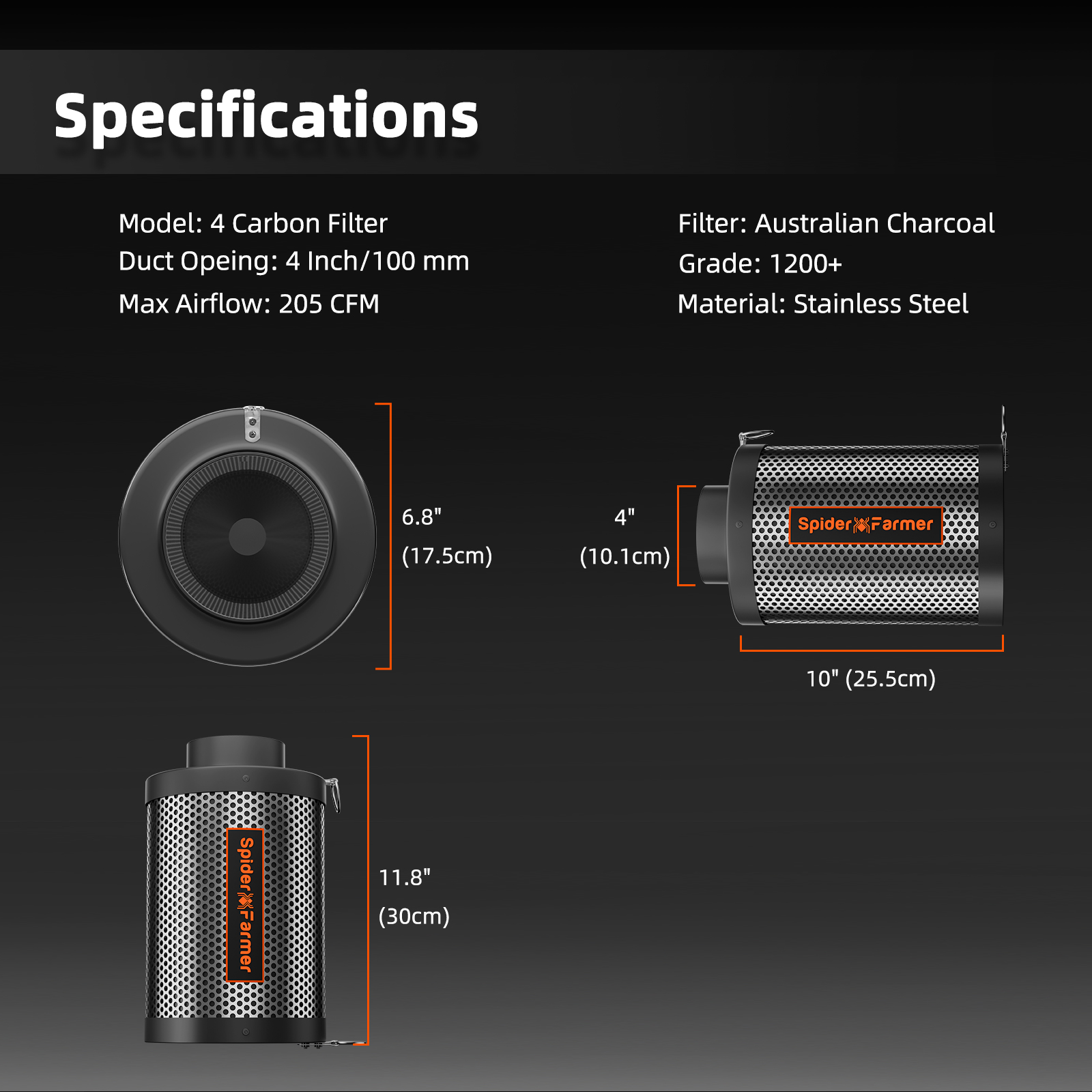 Spider Farmer 4 Zoll/6 Zoll Luft-Kohlefilter, Geruchskontrolle für Inline-Kanalventilator, Wachstumszelt, Hydrokultur, Geruchsschrubber