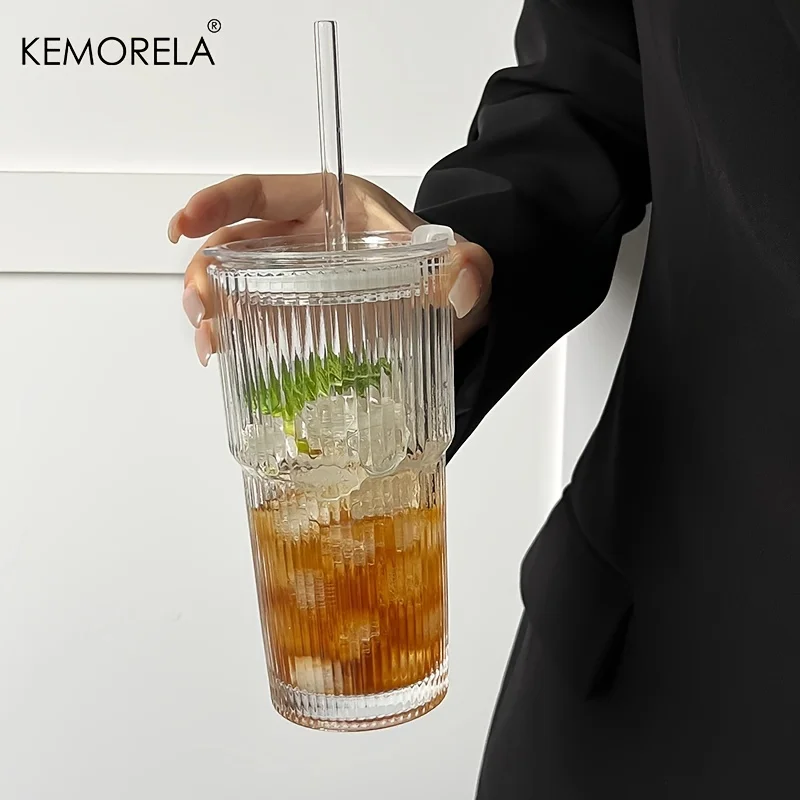 600 ml Streifen-Glas-Kaffeetasse mit Deckel und ohne Deckel, Strohhalm, transparente Trinkgläser für Saft, Eiskaffeetassen, Trinkgeschirr