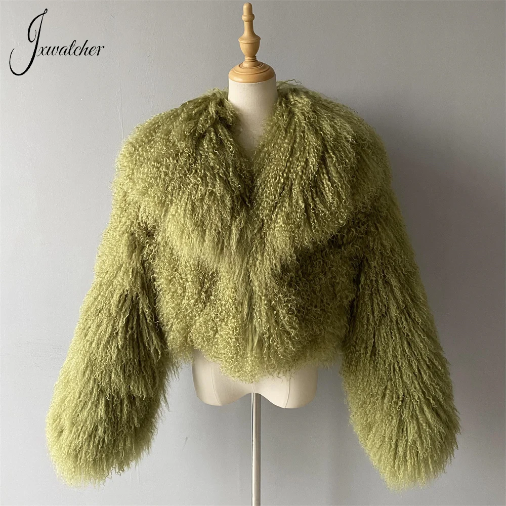 Jxwatcher-abrigo de piel mongol para mujer, abrigo corto de piel auténtica con cuello vuelto grande, chaqueta mullida cálida a la moda para invierno para mujer