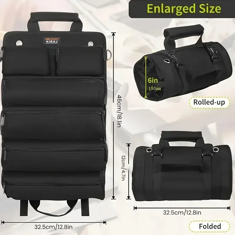 AIRAJ 18 inch Roll-Up Tool Bag - Oxford Fabric Multi-Tool Organizer ，4 fixed large pockets and 2 detachable small pockets