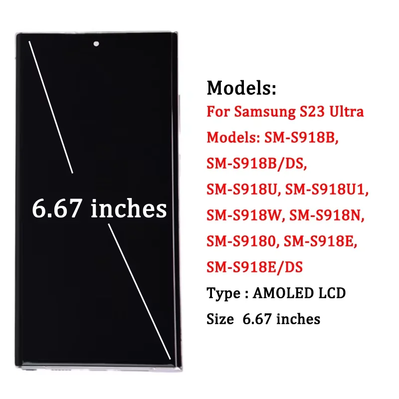 AMOLED S23 Ultra Screen Assembly for Samsung S23 Ultra S918B S918B/DS Lcd Display Digital Touch Screen Replace with Frame