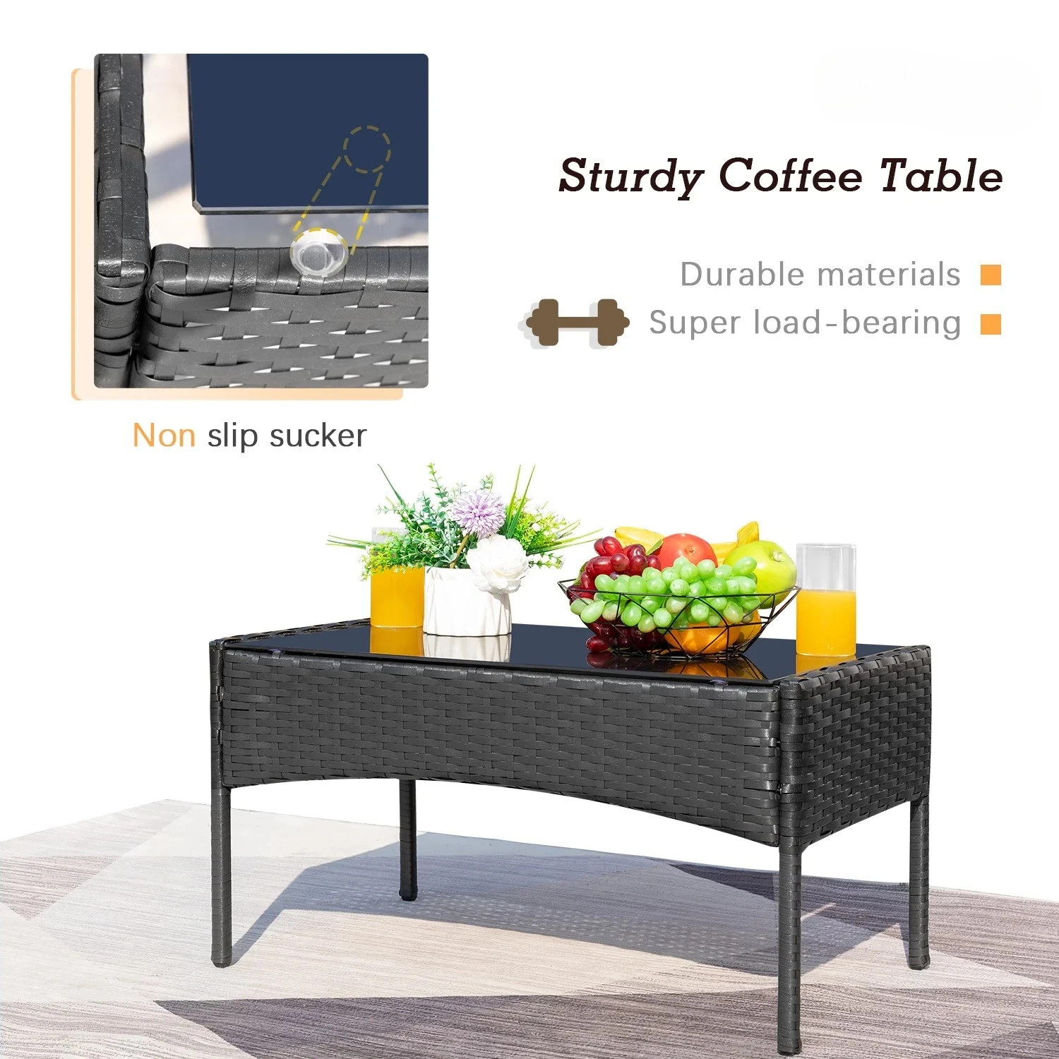 4 Pieces Patio Furniture Set Rattan Outside Furniture Wicker Sofa Garden Conversation Sets with Soft Cushion and Glass Table for