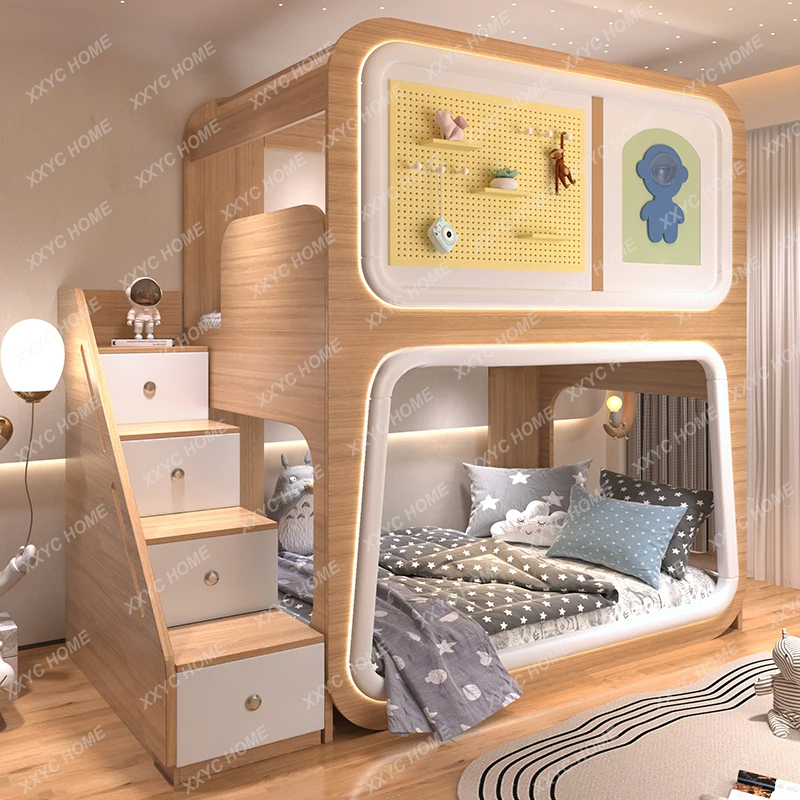 Bunk Bed 2024 New Upper and Lower Width Double Layer Wire-Wrap Board Space Bed Children's Fun Wood Grain Small Apartment