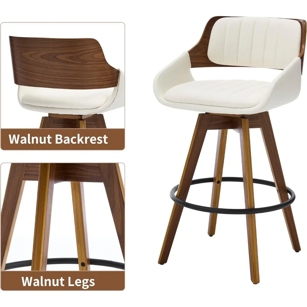 Swivel Bar Stools Set of 2, Walnut Counter Height Bar Stools with Back and Arms, 26" Modern Faux Leather Upholstered Bar Chairs