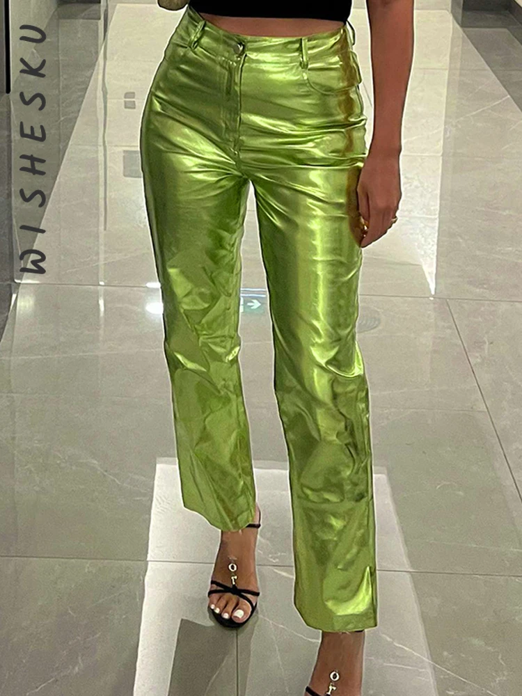 Damen Metallic-PU-Hose mit geradem Bein, sexy ZA, funkelnde Hose mit hoher Taille, Streetwear, Luxus-Geburtstagskostüme, 2023, Frühling und Herbst