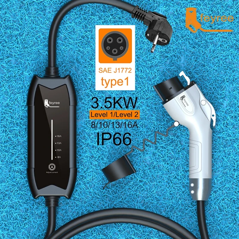 Feyree EV-oplader Type2 16A 3,5KW 1 fase GB/T / Type1 stroom verstelbare 3,5 m kabel draagbare oplaaddoos voor elektrisch voertuig