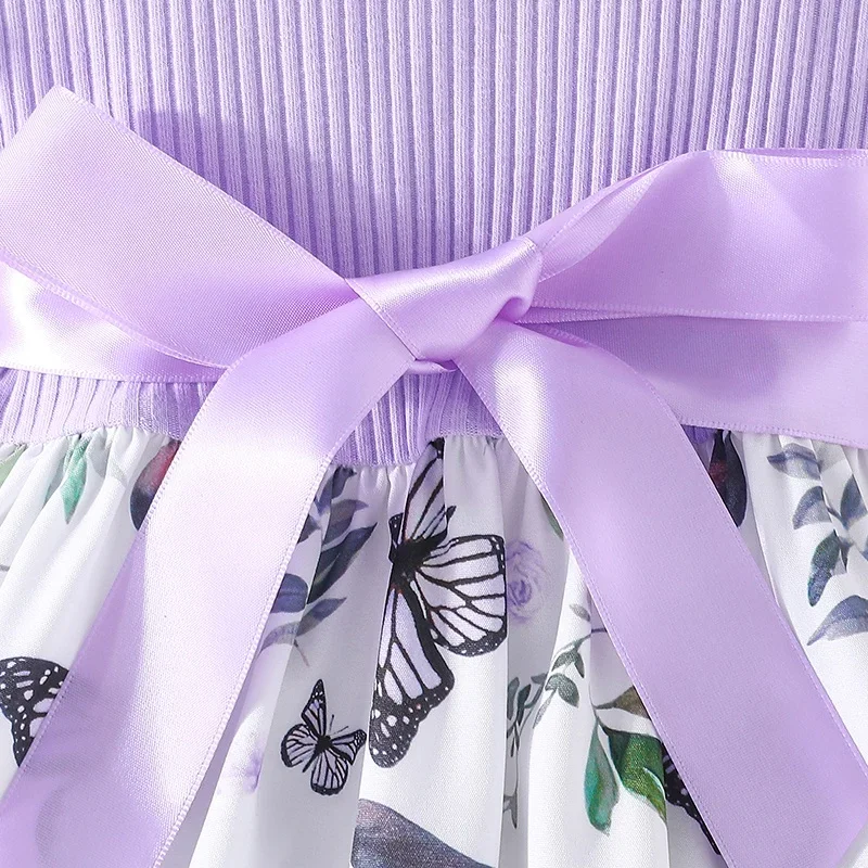 ชุดสําหรับเด็กผู้หญิง 3-7 ปี Ruffled แขนผีเสื้อดอกไม้ Tulle น่ารักเจ้าหญิงอย่างเป็นทางการกับเข็มขัด Ootd สําหรับเด็กผู้หญิง