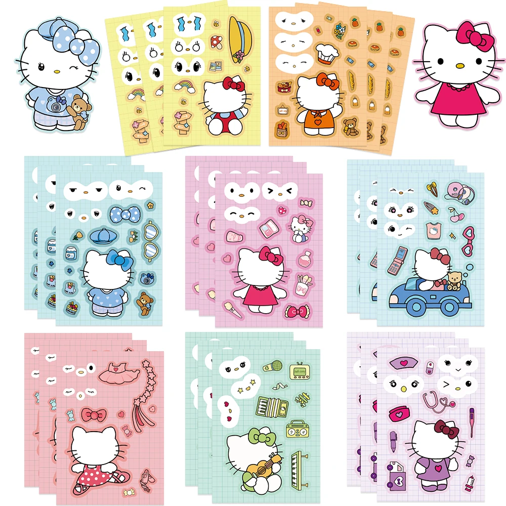 8/16Sheets Cute Hello Kitty Anime Puzzle Stickers DIY Make-a-Face Assemble Funny Cartoon Decal Assemble Jigsaw Girl Toy Kid Gift
