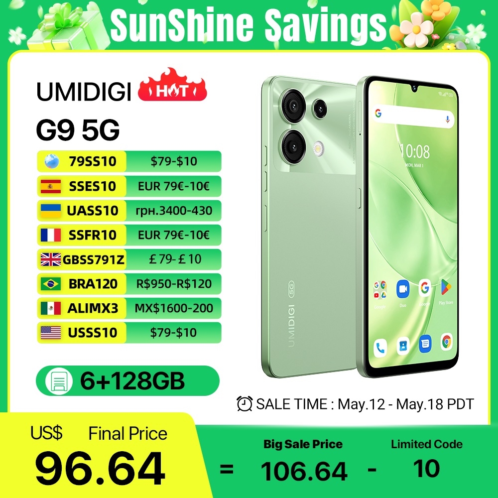 UMIDIGI G9 5G Smartphone 5G Android 14 8-Core 6+6GB 128GB 6.75” 90Hz HD+ 50MP 5000mAh 18W Charging 5G cellphone