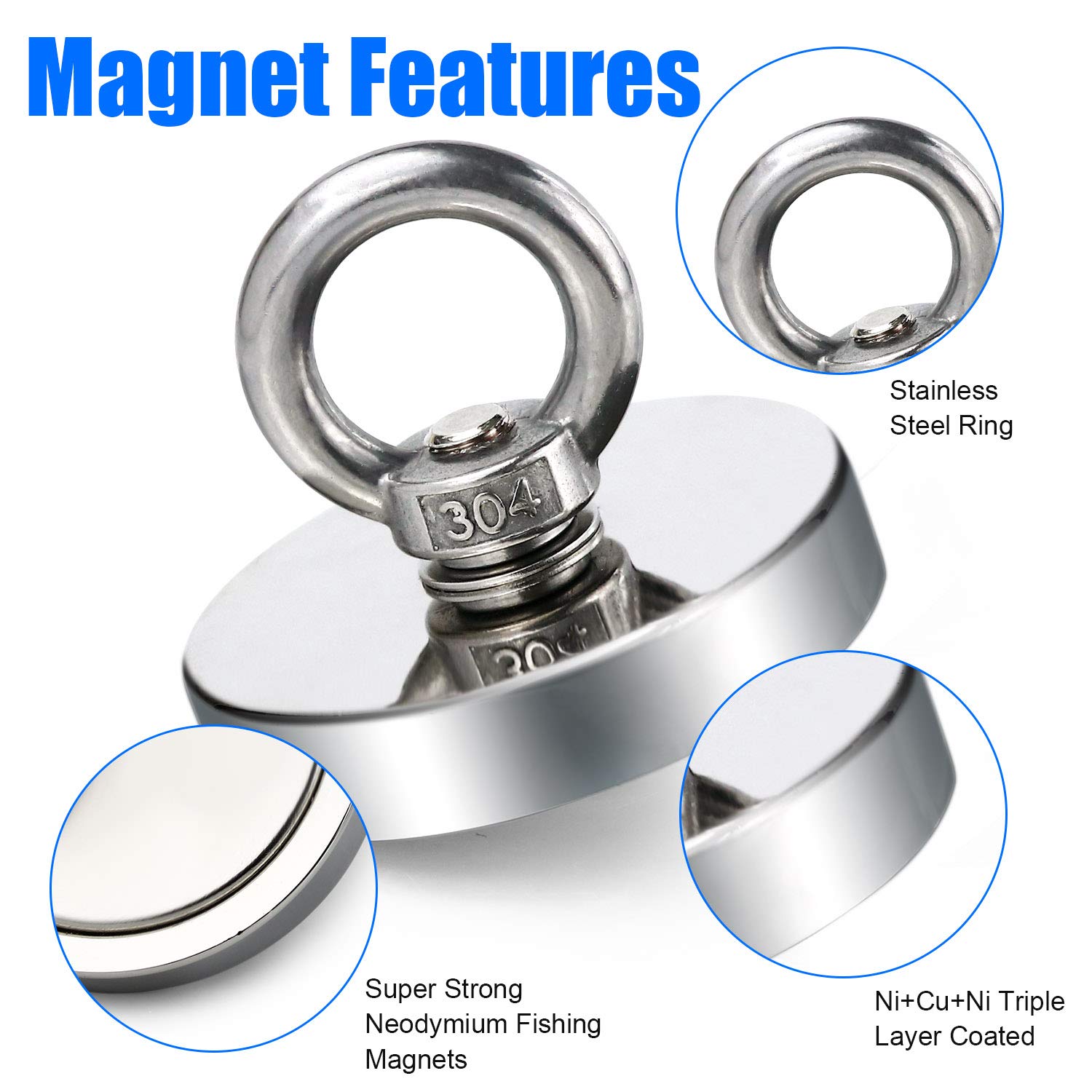 D48 D60 D75 D90 Super Strong Neodymium Fishing Magnets, Rare Earth Magnet with Countersunk Hole Eyebolt for Retrieving in River