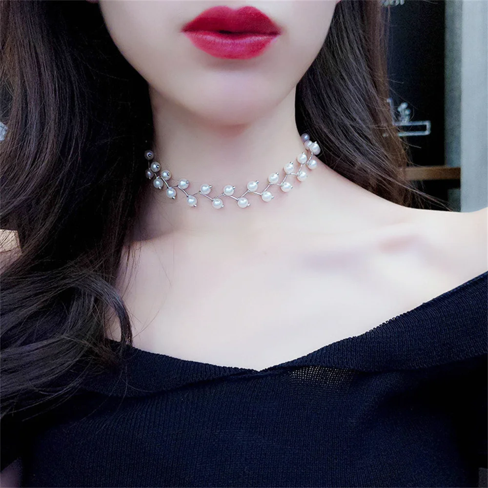 Imitation Perlenkette Halsreif einfache Goldfarbe Schlüsselbein Kette Halskette für Frauen Mode Party Schmuck trend ige Kleidung