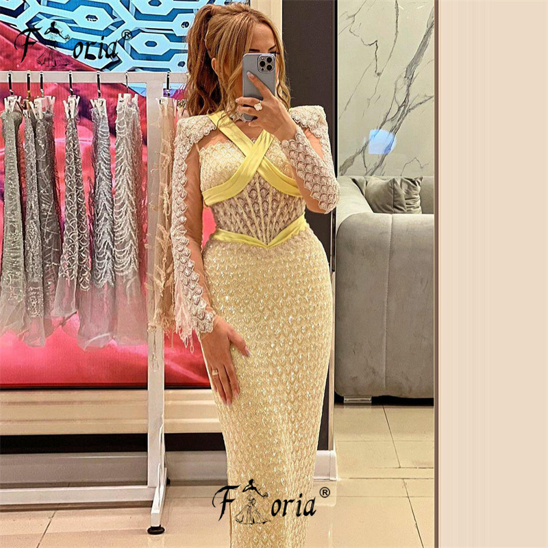 Funkelnde Perlen Pailletten gelb Langarm formelle Anlass Kleid Dubai Schlitz Meerjungfrau Abend Party Kleid plus Größe Robe de Soirée