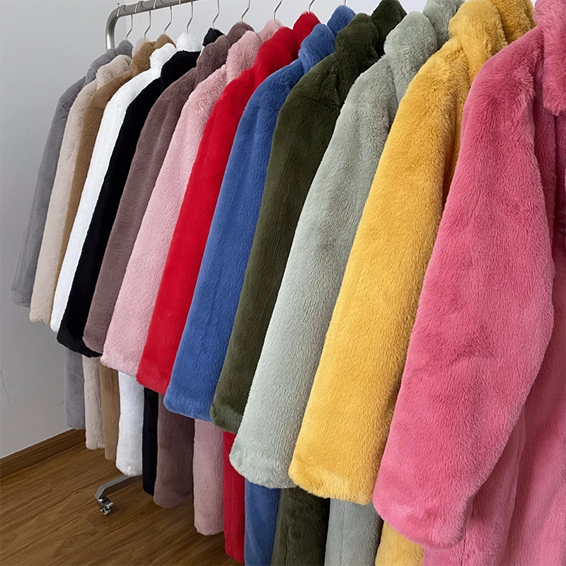 หรูหราฤดูหนาวยาวเสื้อกันหนาวผู้หญิงขนาดใหญ่Lapel Belted Fauxกระต่ายขนสัตว์เสื้อแจ็คเก็ตหญิงPlusขนาดOuterwear Plush Fur Coats