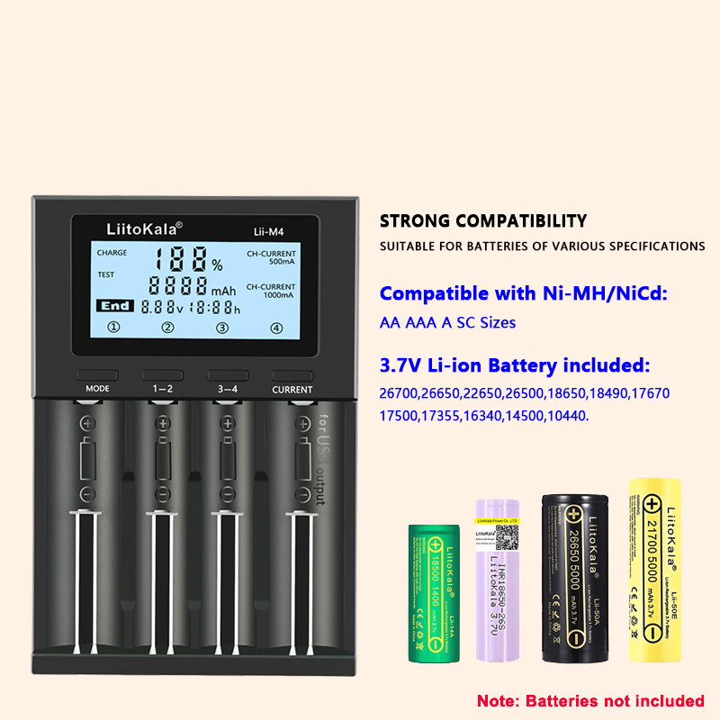 LiitoKala Lii-M4 18650 caricabatterie Display LCD caricabatterie intelligente universale capacità di prova 26650 18650 21700 batteria AA AAA 4slot 5V 2A