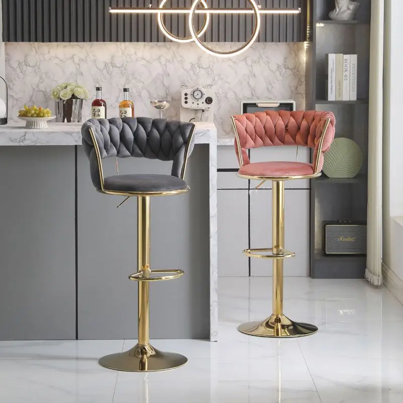 High Quality Nordic Style Bar Stools Velvet Retro Rotatable Round Party Chairs Adjustable Height Back Tabourets De Bar Furniture