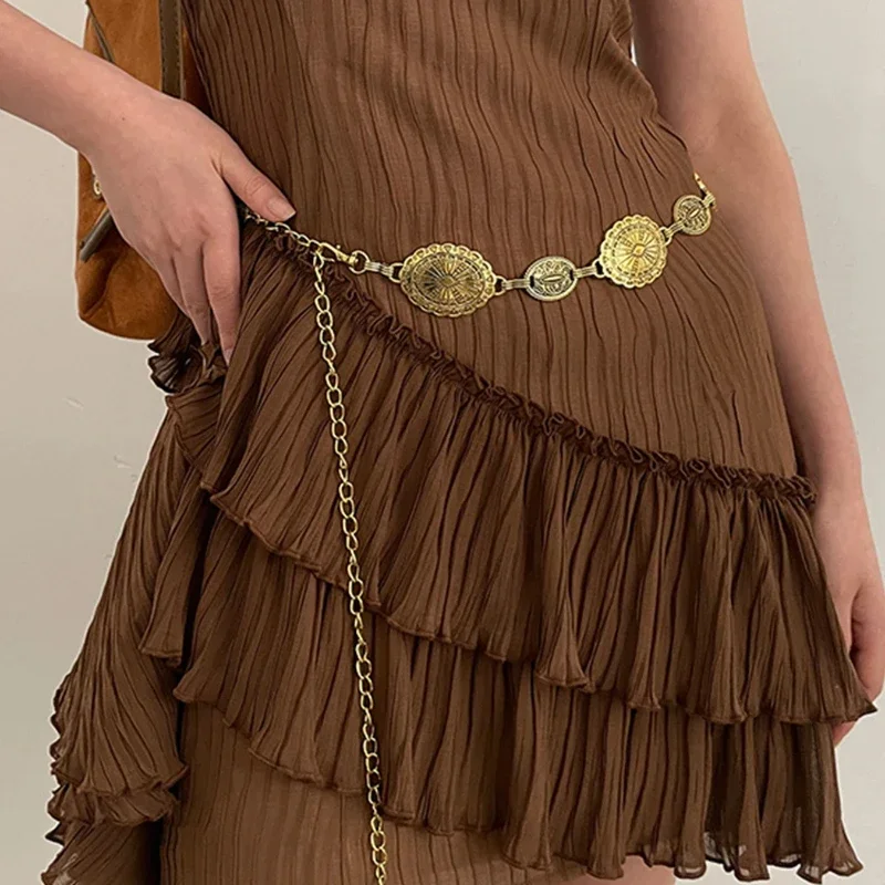 1 peça conjunto de acessórios de corrente de cintura para feminino retro boêmio estilo étnico high-end cinto de corrente de metal prateado com cinto de saia