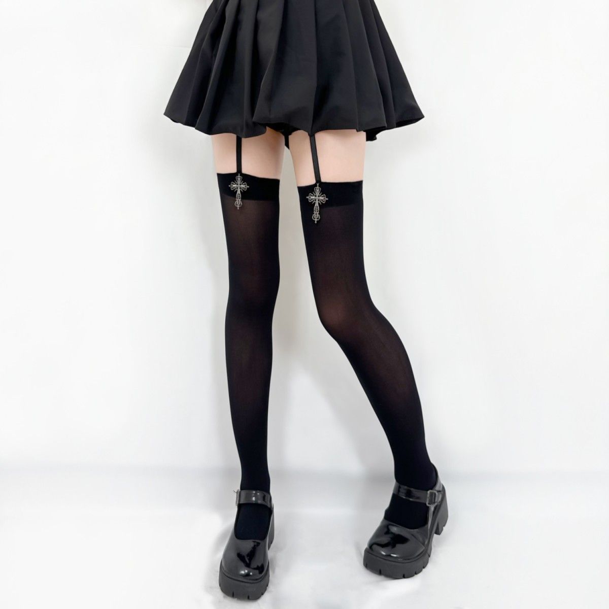 1/2 paar Gothic Cross Decoratie Strak voor Vrouwen Kousen Effen Kleur Dunne Dij Hoge Lolita Overknee Kousen