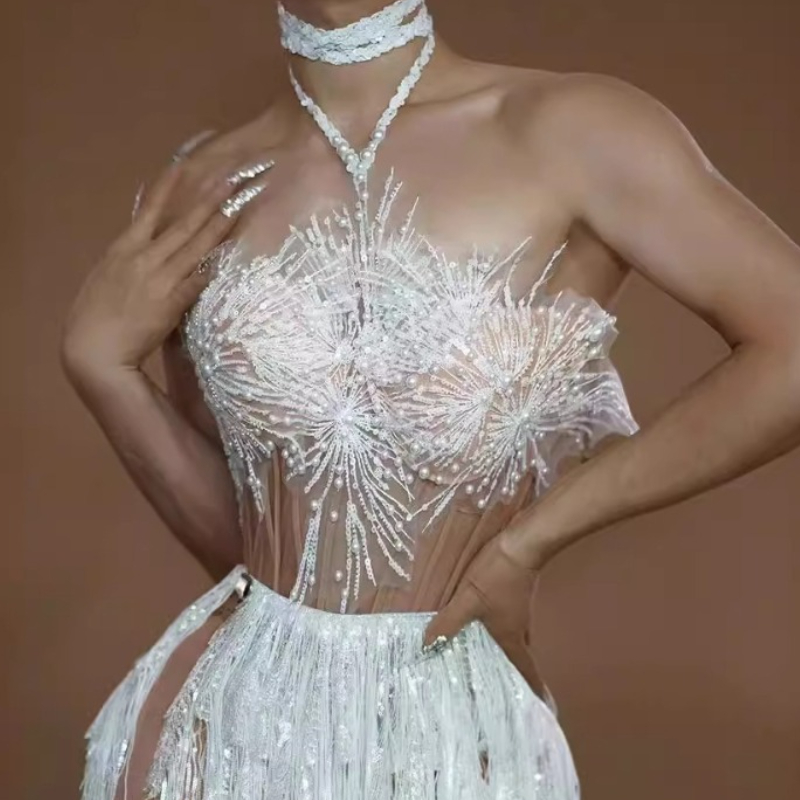 Glamoureuze Kwastje Mesh Verjaardagsfeestje Jurk Stage Performance Kostuum Dans Taille Splicing Hip Wrap Rok Outfit Vestidos De Gala