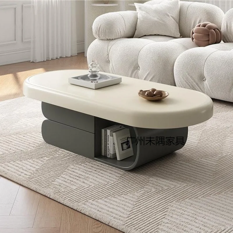 Mesa de centro estilo creme, sala de estar, apartamento pequeno, design oval, laje de rocha, mesa de centro pequena