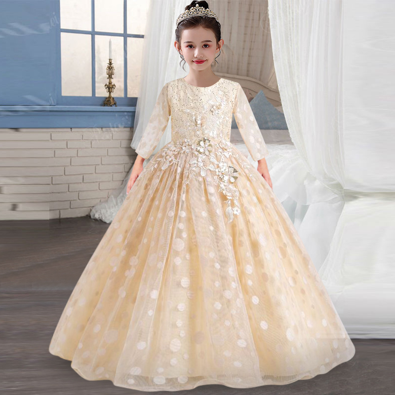 Blume Mädchen Hochzeit Partei Stickerei Kleider Herbst und Winter Neue Lange Hülse Welle Punkt Blume Dekoration Britischen Kleider
