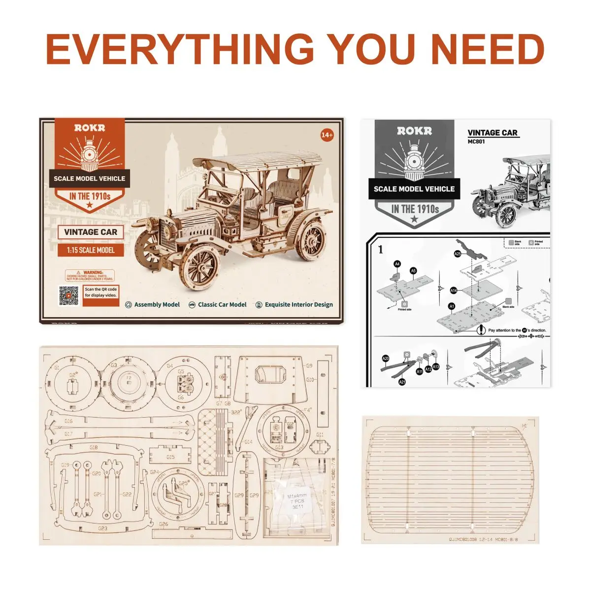 Robotime Rokr Oldtimer 3D Holzpuzzle Montessori Spielzeug Oldtimer Maßstab 1:15 Modellbausätze für Kinder