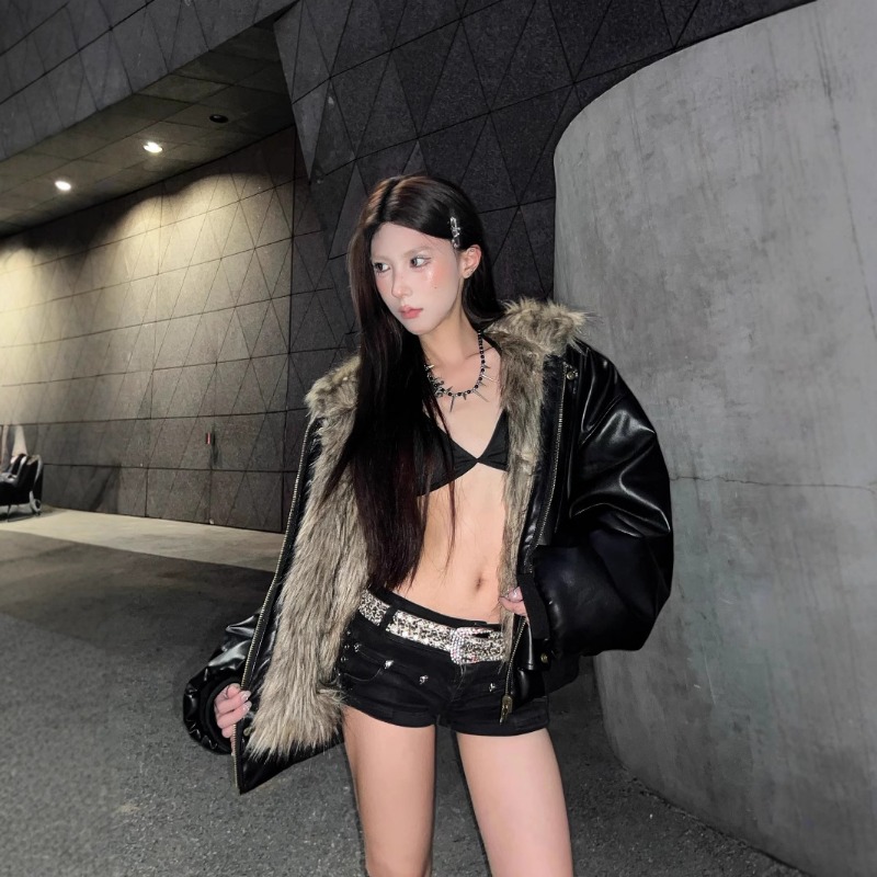 Winter High Street lederen shaggy bont patchwork korte warme dikke jas capuchon pluizige namaakbont jas dames luxe design jassen