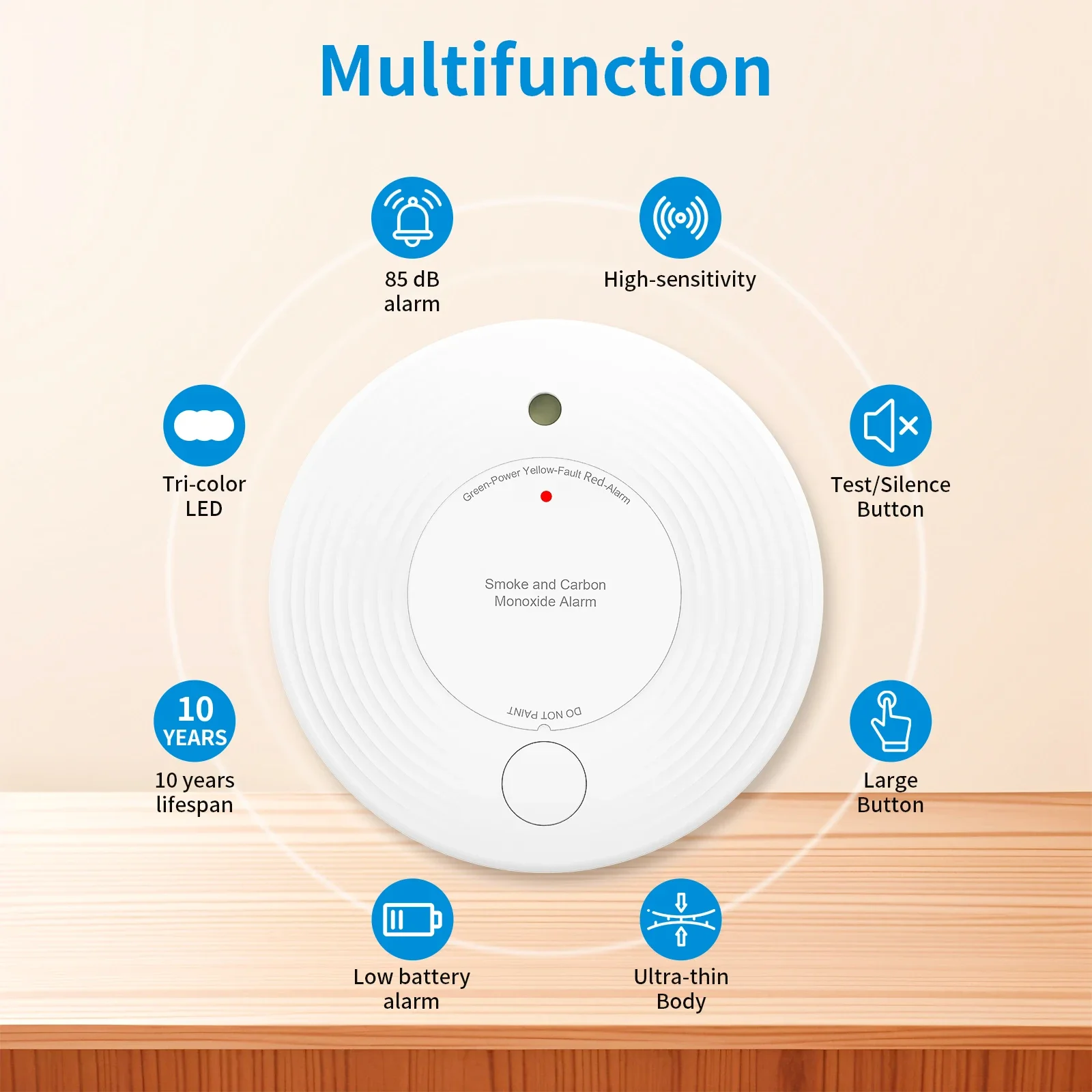 2 IN 1  Function  Kitchen Room  CO & Smoke Detector Sensor Fire Sound Alarm Carbon Monoxide Alert  Carbon