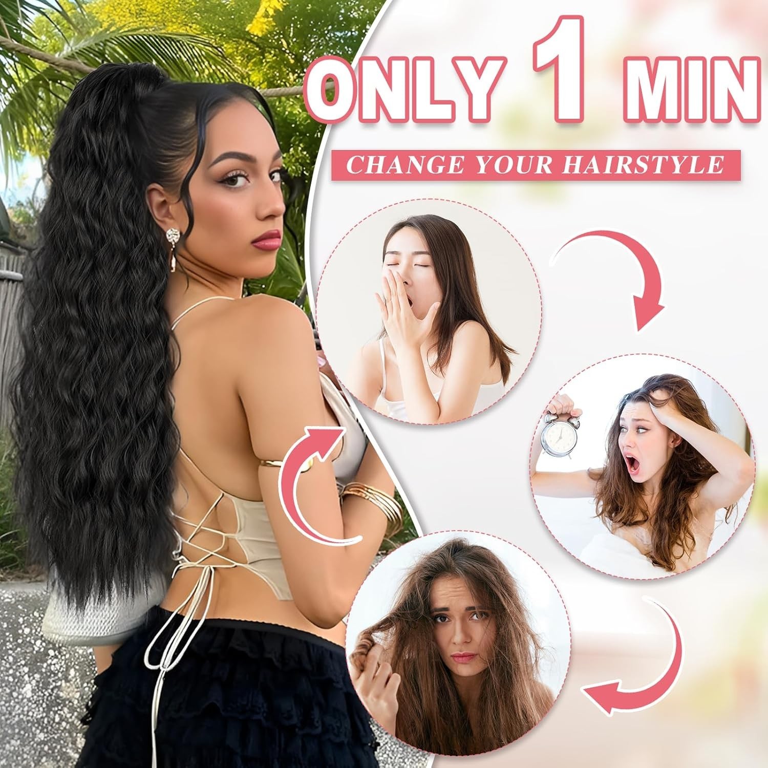 Extensión de cola de caballo para mujer, extensiones de cabello con cordón, cola de caballo ondulada larga y rizada, postizo sintético ondulado Natural