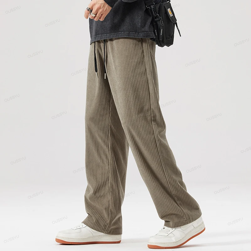 OUSSYU แบรนด์ฤดูใบไม้ร่วงฤดูหนาวผู้ชายลาย Corduroy กางเกงเอวยางยืดตรงหนากลางแจ้งกางเกงหลวมๆสบายๆ