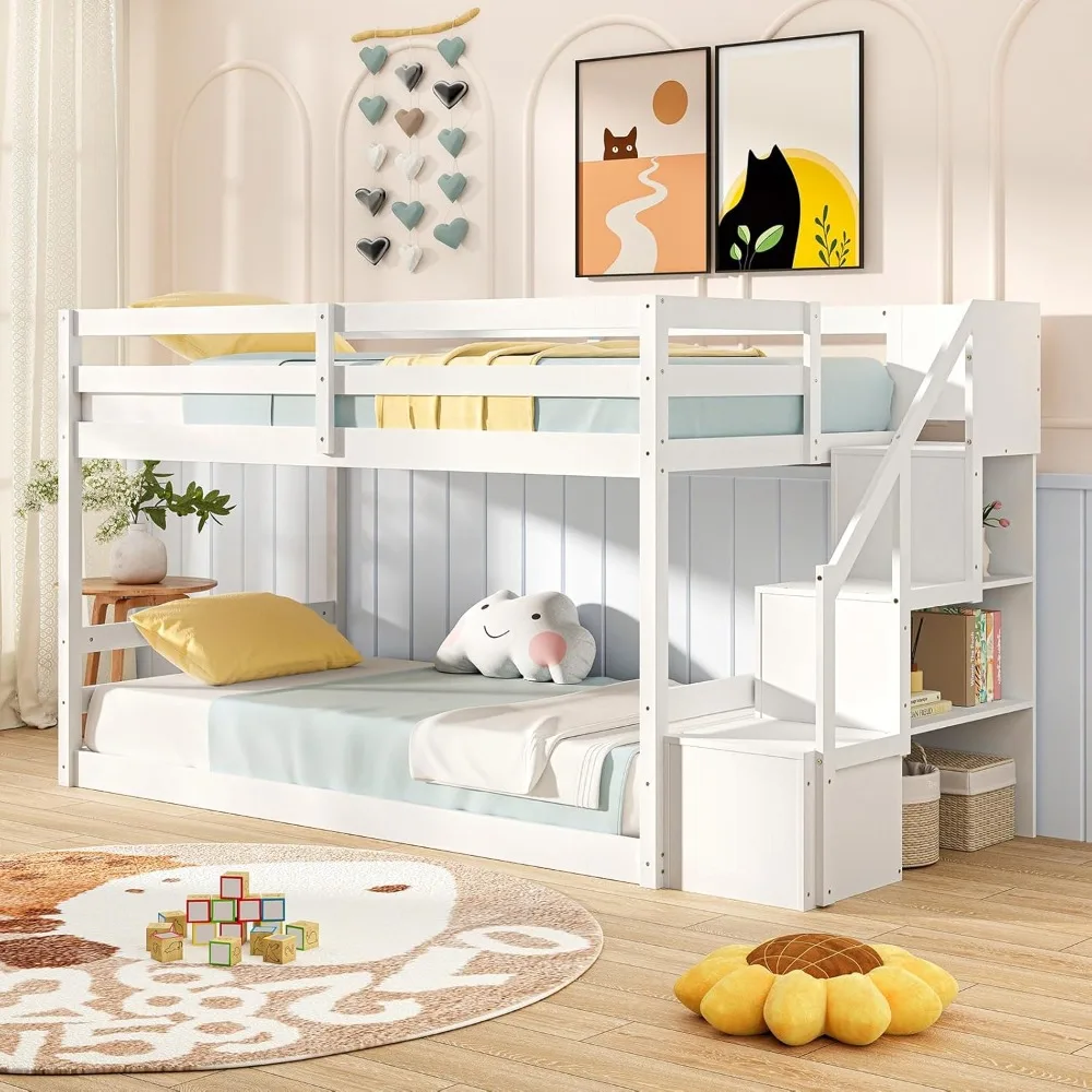 Twin Over Twin Bunk Bed with Stairs, Solid Wood Floor Bunk Bed with Storage Staircase & Full-Length Guardrails,