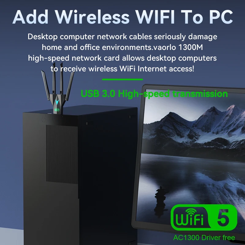 デュアルバンドwifi usbアダプター,1300mbps,2.4g,5ghz,usb3.0,802.11ac,4アンテナ,PC,ラップトップ,ドライバー用のワイヤレスレシーバー,無料