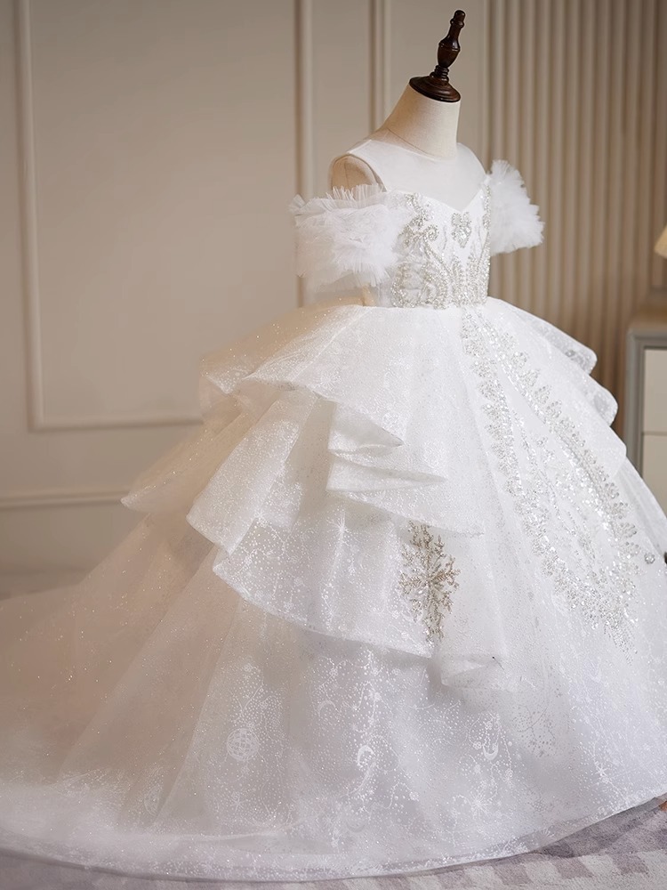 Robe de princesse en dentelle perlée pour enfants, robe de Rhde luxe, fleur de mariage blanche, robe de soirée de Noël pour filles, Off Initiated Trailing