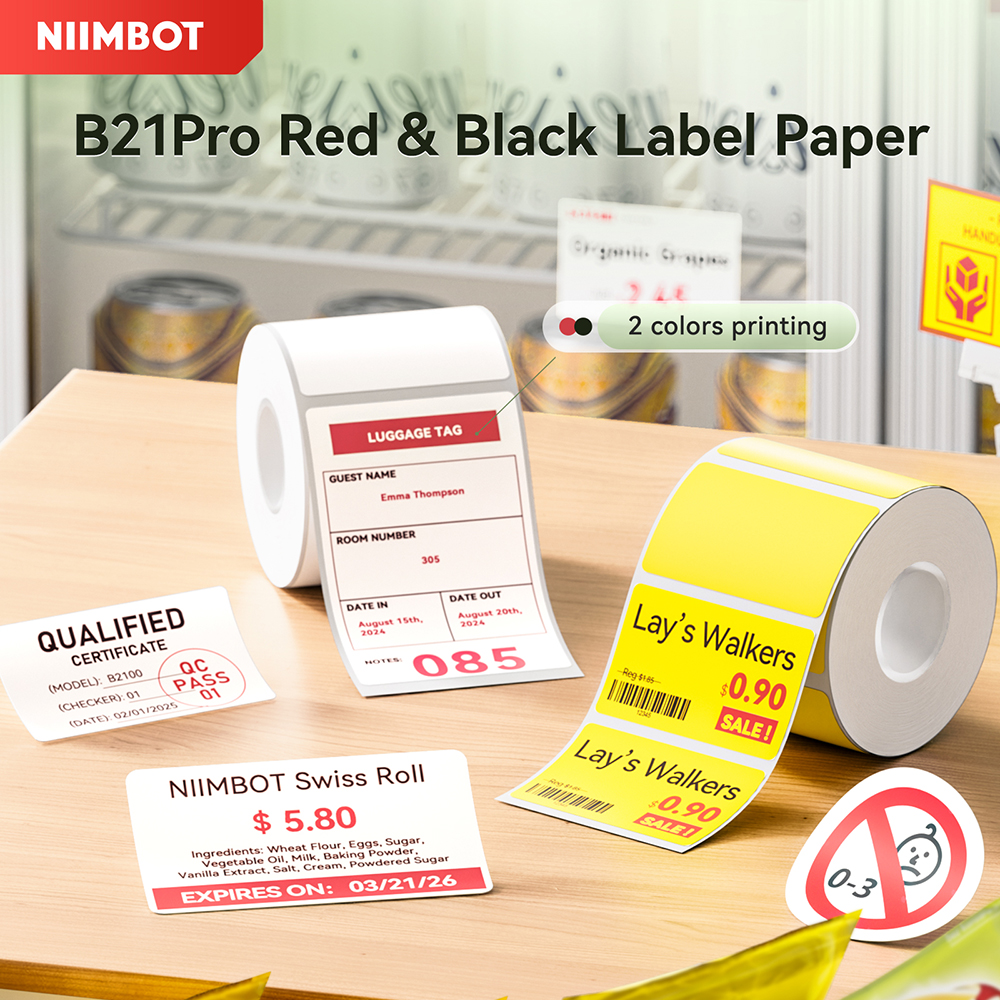 1 rollo de etiquetas adhesivas térmicas de doble Color rojo y negro para impresora Niimbot B21 Pro, uso comercial en casa y negocios