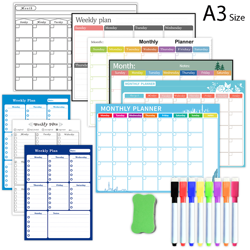 Magnetic Weekly Monthly Planner Calendar Table Dry Erase Whiteboard Fridge Sticker Message Board A3 Size