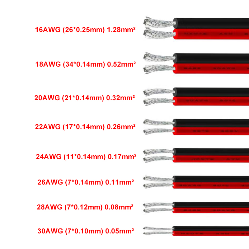 30awg-16awg Alambre de cobre estañado de 2 pines 80 ° C 300V PVC que conecta el cable de extensión flexible rojo y negro para luces de cinta LED