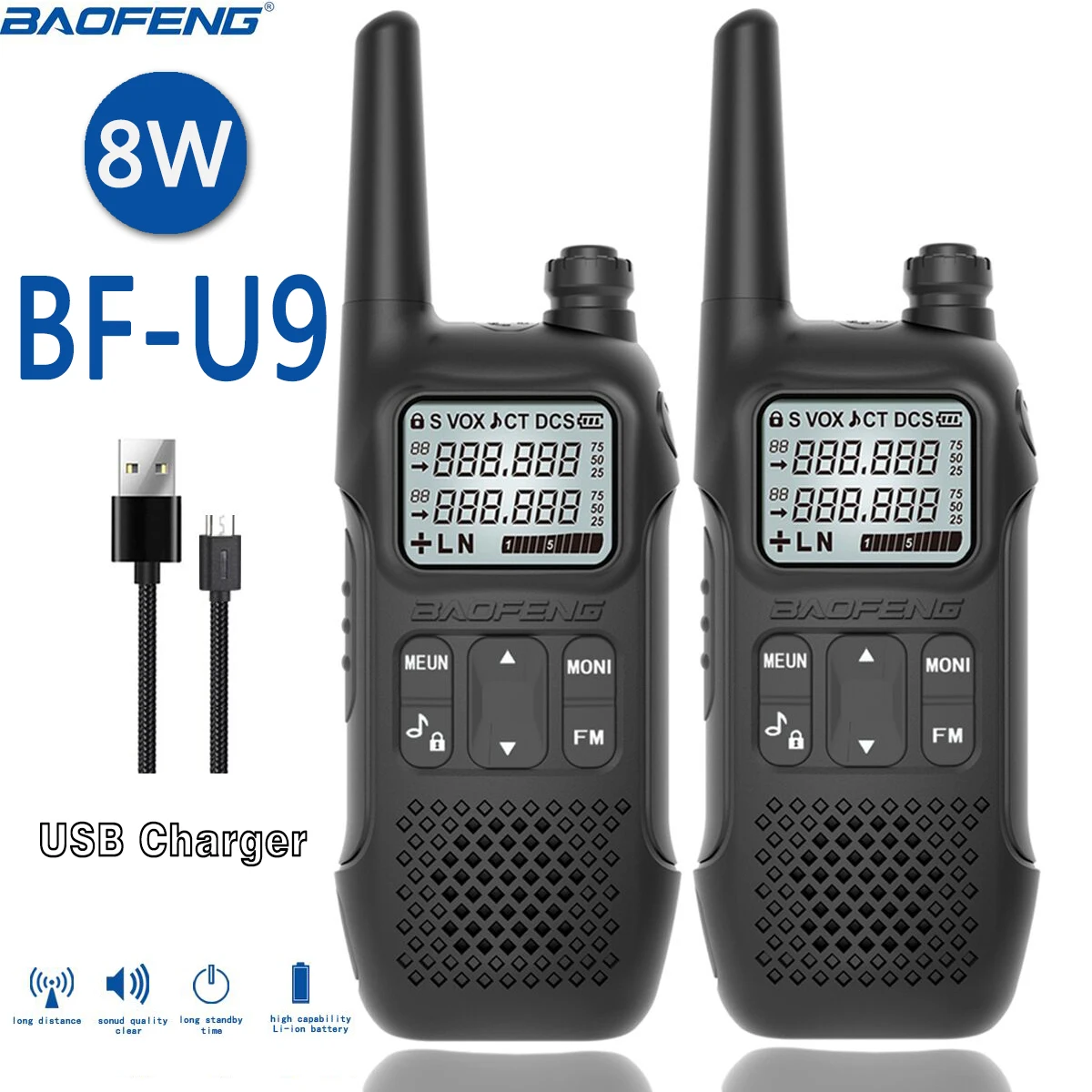 Baofeng BF-U9 Walkie Talkie 8W carga USB 16 canales UHF 400-470MHz FM VOX transceptor de larga distancia Radio bidireccional portátil