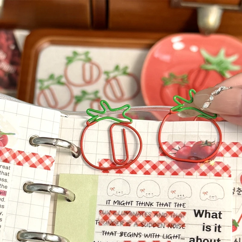 5pcs/set Red Retro Japanese Paper Clip Tomato Strawberry Cherry Scrapbook Paper Clip Book Page Memo Fixed Clips Student Supplies