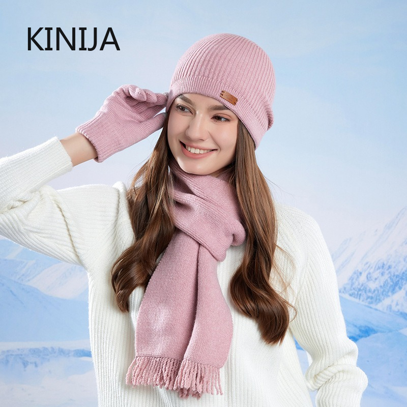 3 Pcs Sets Winter Women Plush Knitted Cold Hat Warm Woolen Head Cap Scarf Gloves Hats Outdoor Ear Windproof Beanies Cap