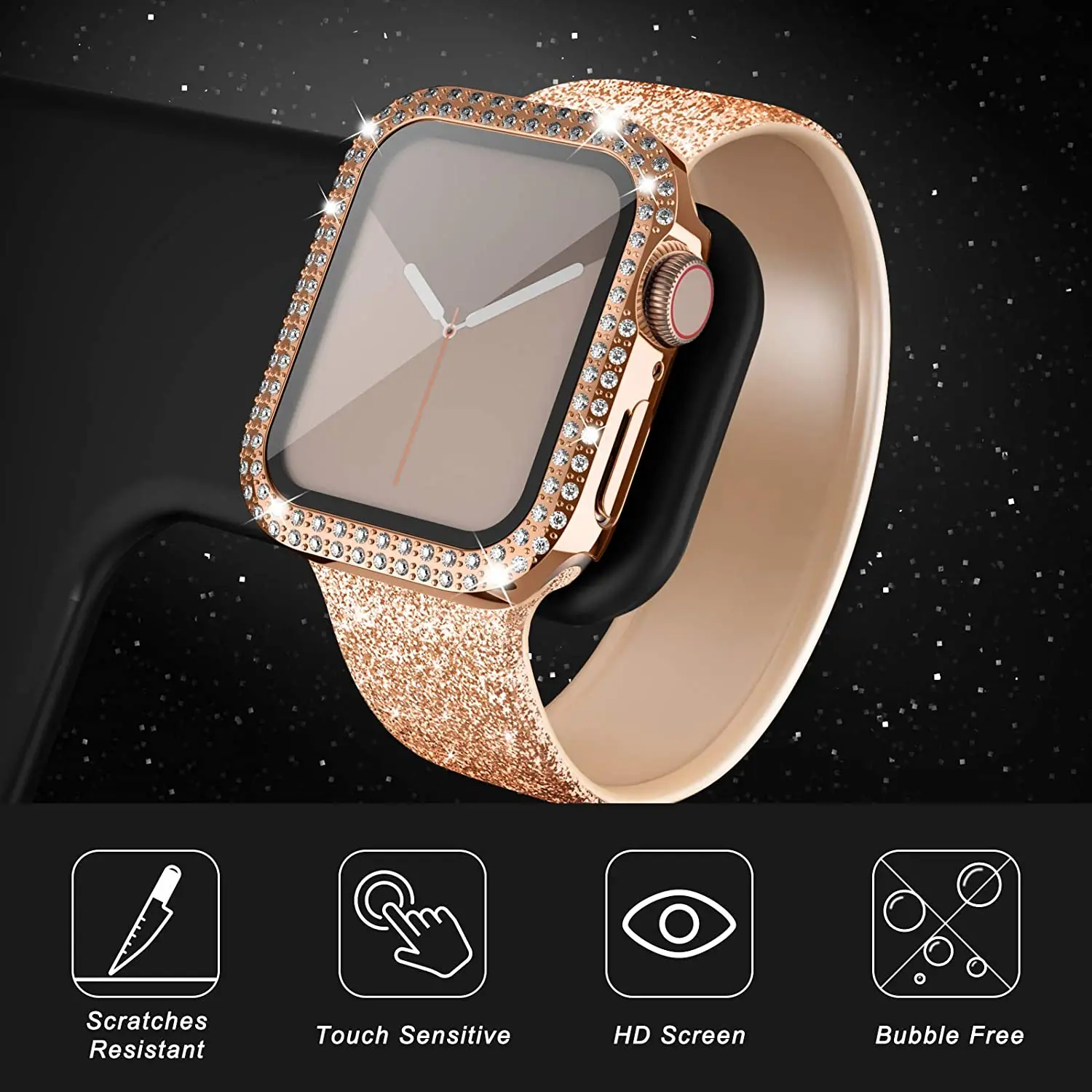 สําหรับ Apple Watch Case 45 มม.41 มม.44 มม.40 มม.38 มม.42 มม.เพชรกระจกนิรภัยป้องกันหน้าจอ iWatch Series 9 7 SE 6 8 5 4 3