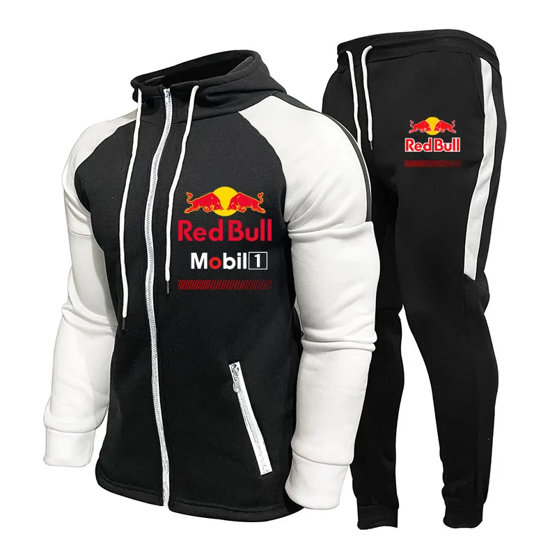 Red bull terno de corrida masculino ao ar livre de secagem rápida confortável oversized com capuz jaqueta de fitness moletom conjunto de treinamento de duas peças