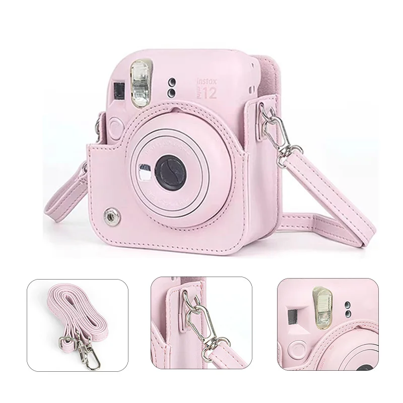 PUレザーソフト保護ケース Instax Mini 12 カメラ用 ショルダーストラップ付き 富士フイルムフィルムカメラトラベルバッグ