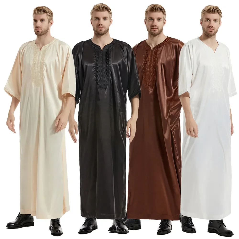 Muslimische Männer Jubba Thobe Islamische Kleidung Satin Ramadan Herren Abaya Kleid Lange Robe Saudi Wear Musulman Kaftan Jubah Dubai Kleid
