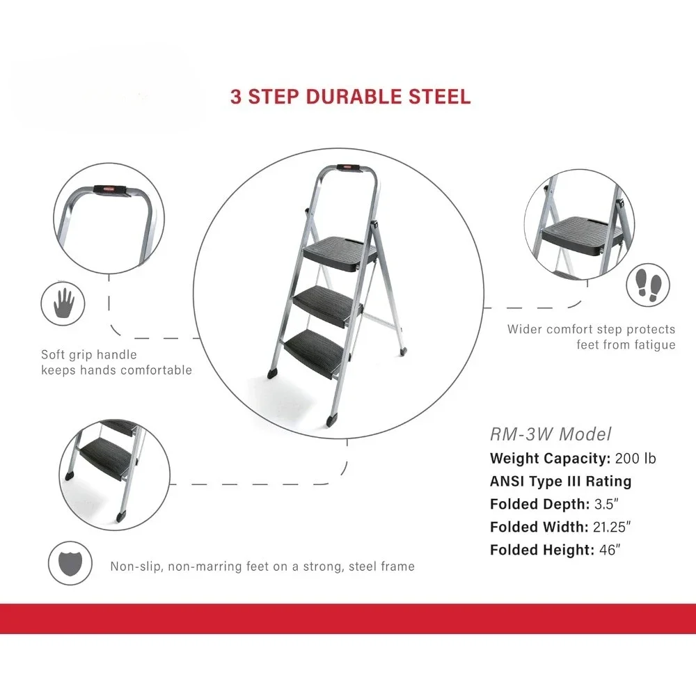 3-Step Steel Ladder,Folding Step Stool with Hand Grip and Non-Slip Feet, Silver, No Assembly Required