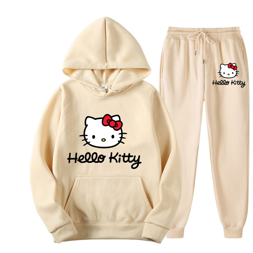 Hello Kitty Cartoon Anime Women Sweatshirt Sweatpants Set Fashion Men Pullover Pants Suit Spring Autumn Couple Hoodie Pant Sets