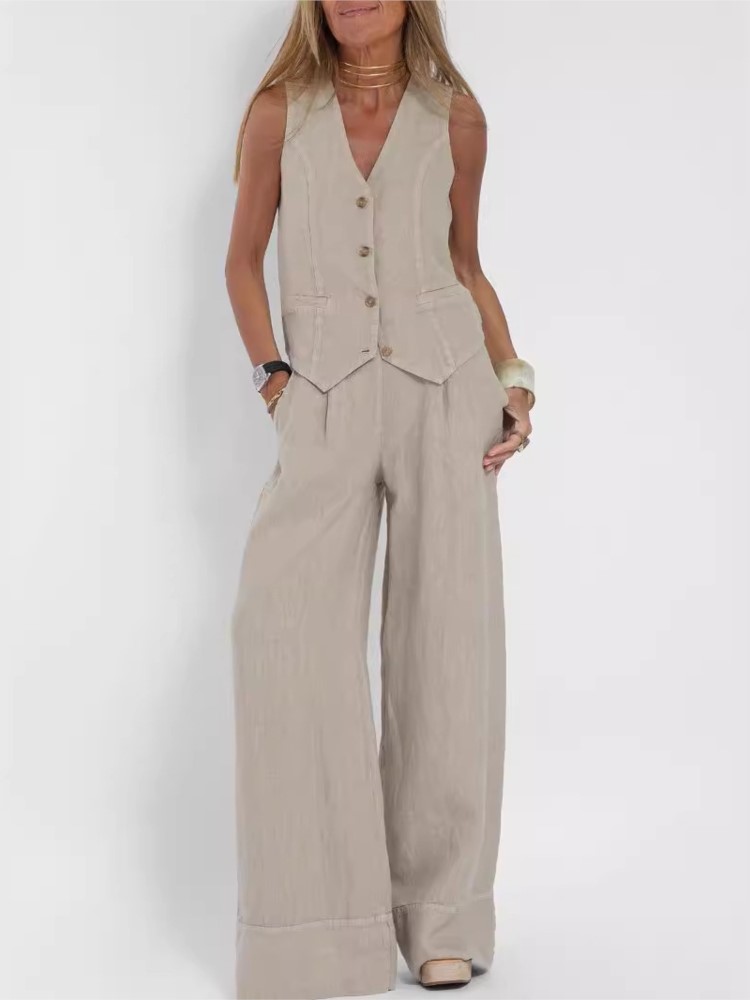 Conjuntos de chaleco y pantalones a la moda para mujer, traje informal liso de algodón, Top con botones sin mangas y pantalones, conjunto de 2 piezas para oficina