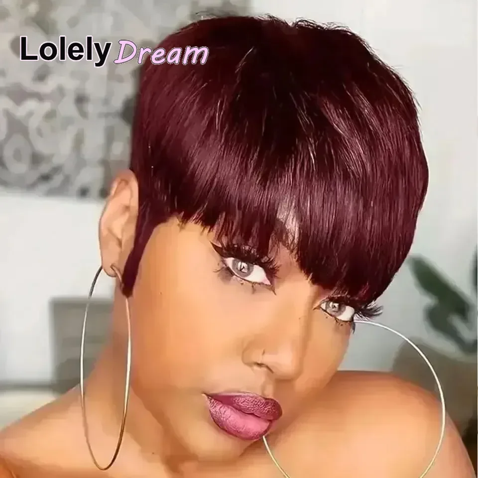 Lolely sonho em linha reta remy perucas de cabelo humano para as mulheres completa máquina feita borgonha 99j cor curto bob pixie corte peruca com franja