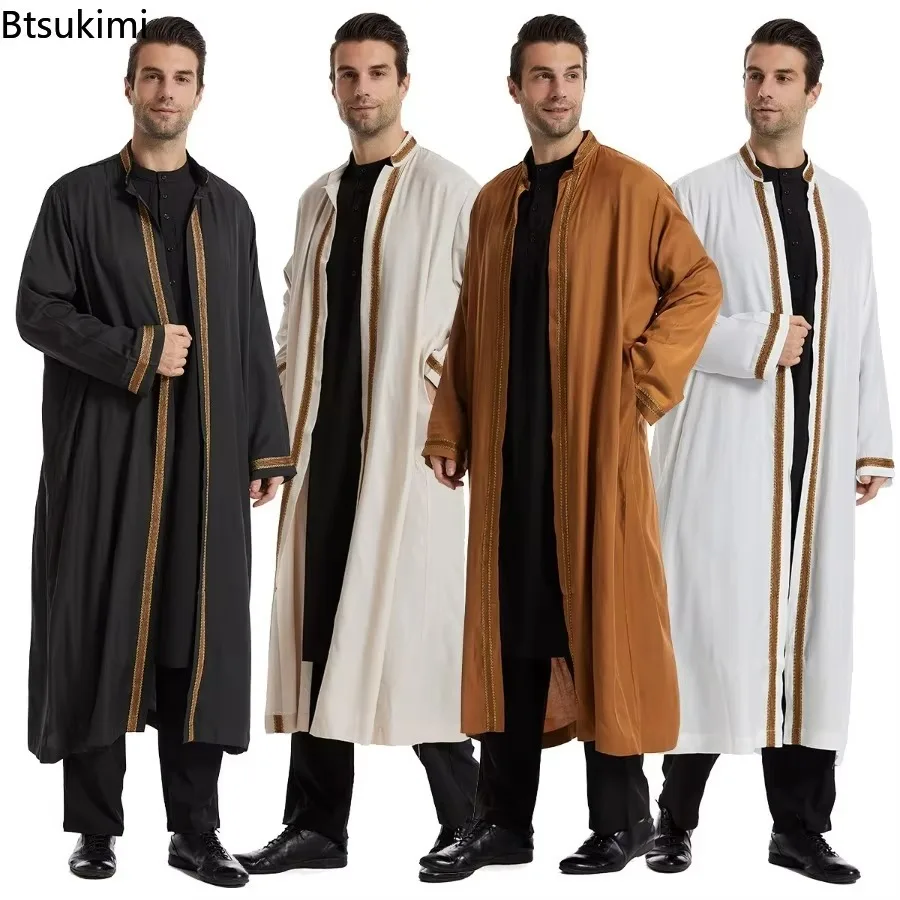 2025 Mid East Kleidung Herren Traditionelle Jubba Thobe Mode Stehkragen Strickjacke Robe Muslimische Offene Abaya Männer Täglicher Basic-Stil