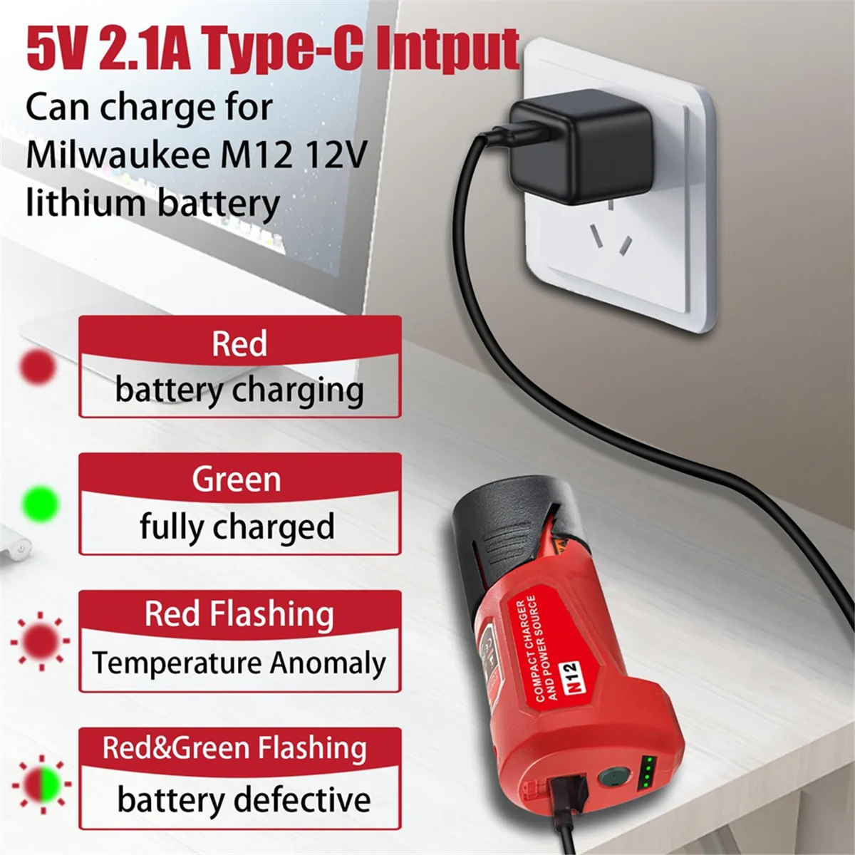 Better Quality N12 Battery Power Source Adapter for Milwaukee 12V M12 Battery Power Wheel Charger Adapter with 12V DC Port USB2.